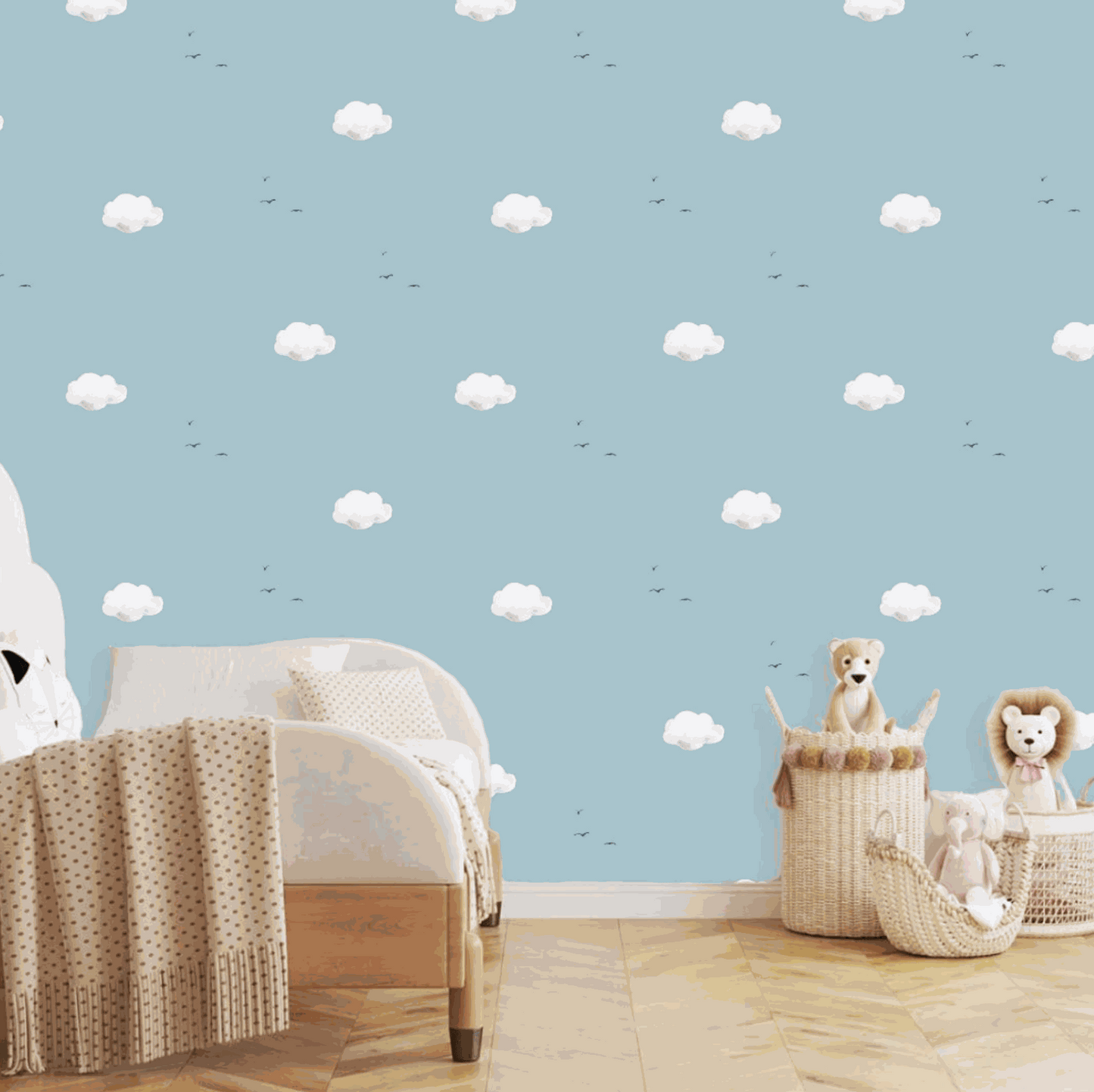 Fluffy Clouds Room Idea  -  Bespoke Coloured Fluffy Clouds Wallpaper in  sky blue with flying birds 