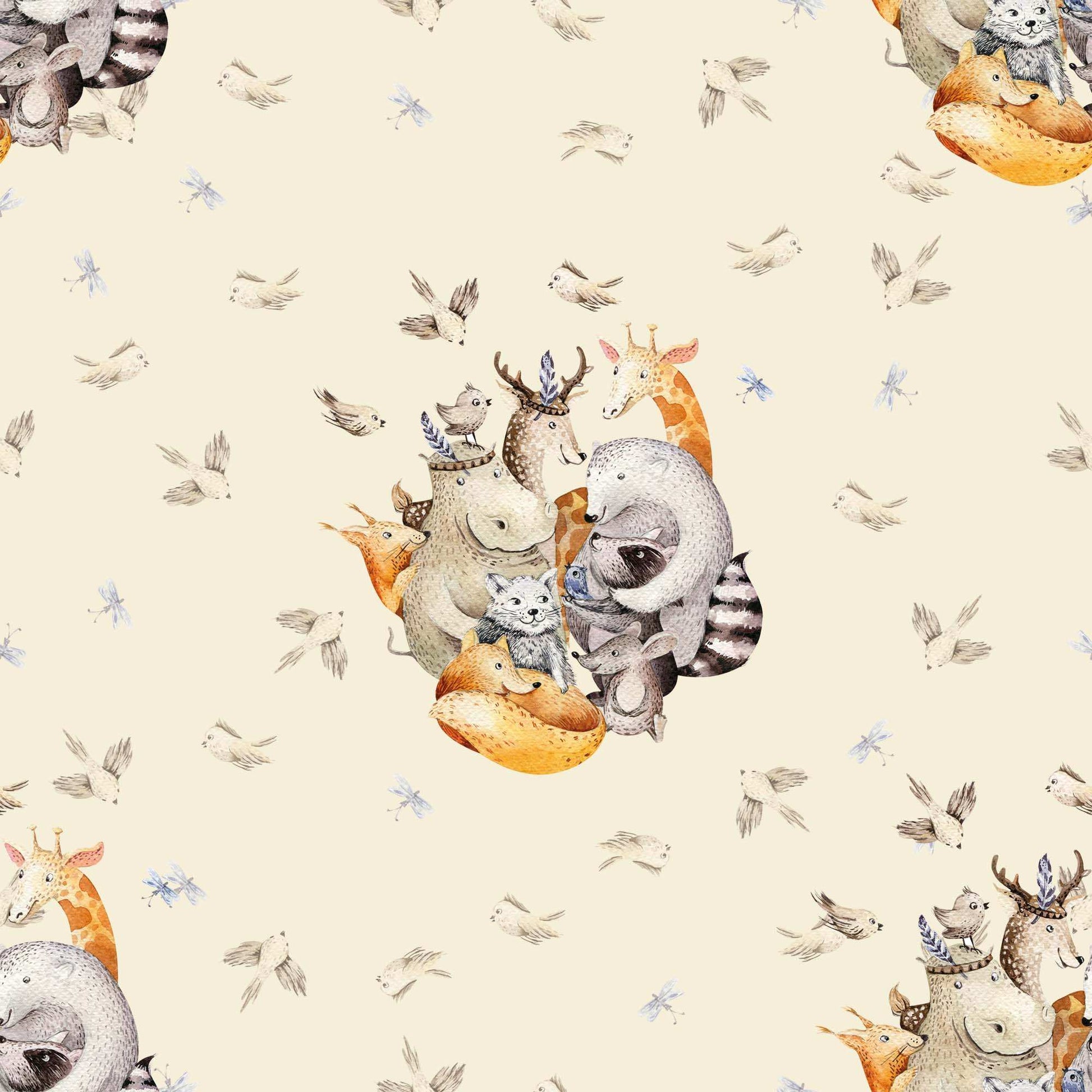 Dark beige Animal Wallpaper for Kids with Hippos, Giraffes, Birds, foxes and baby Deer 