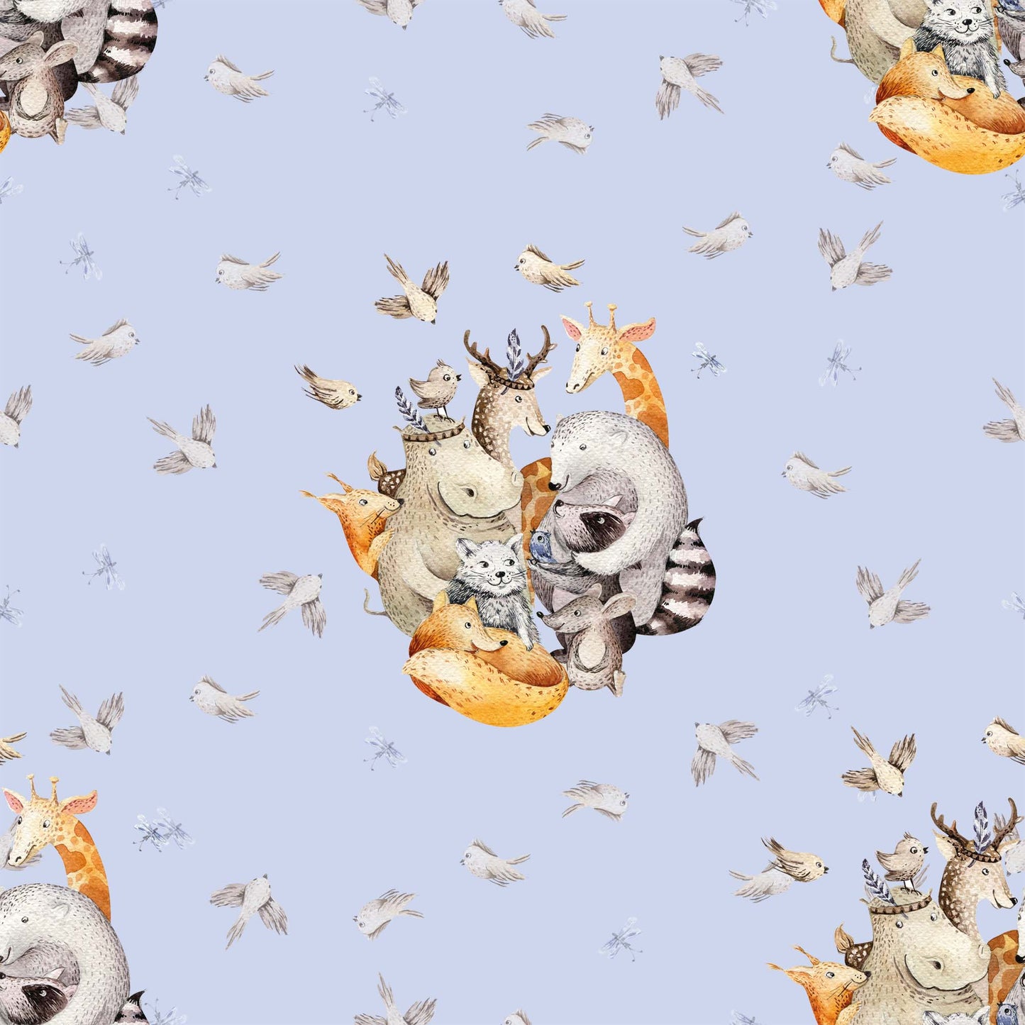 Blue Animal Wallpaper for Kids with Hippos, Giraffes, Birds, foxes and baby Deer 