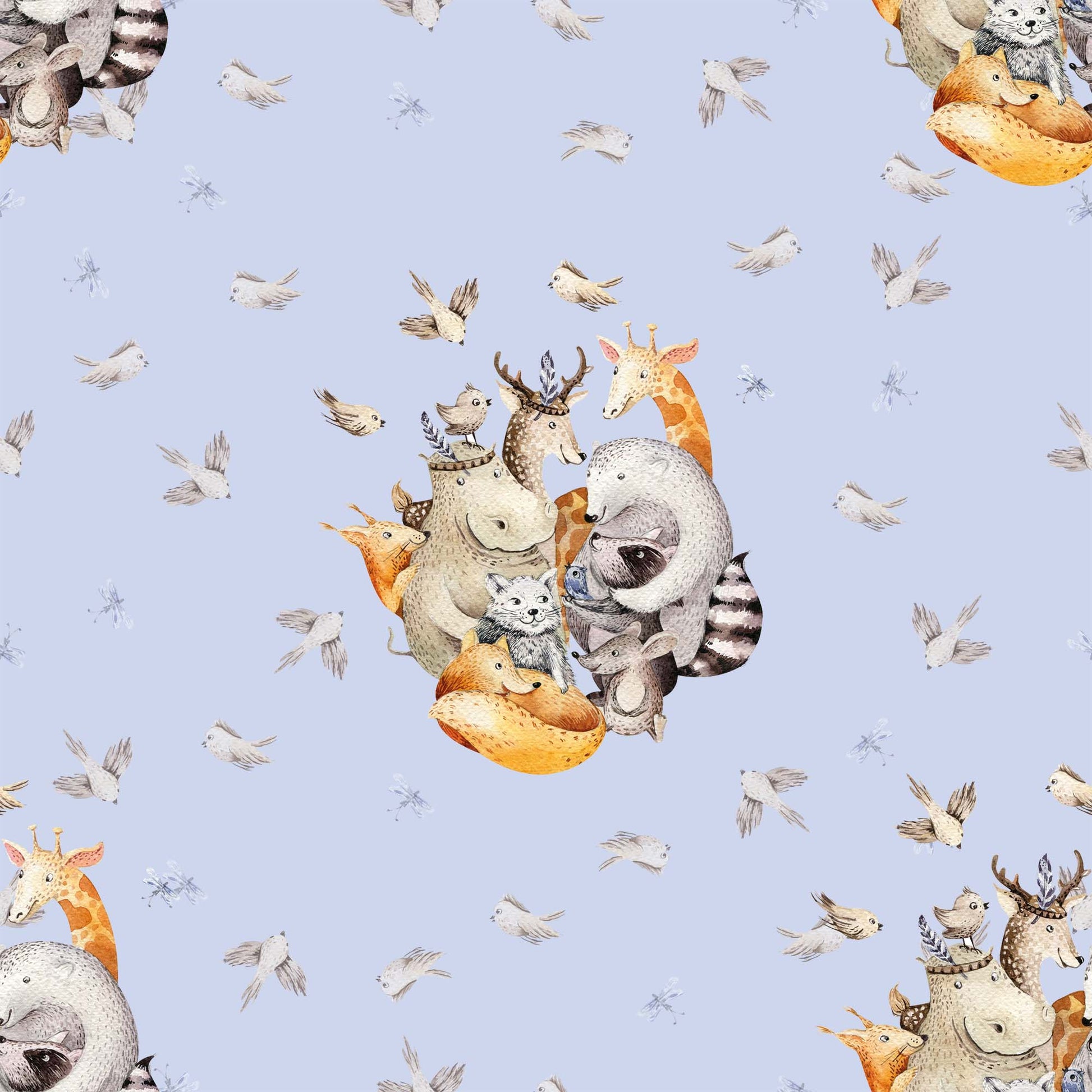 Blue Animal Wallpaper for Kids with Hippos, Giraffes, Birds, foxes and baby Deer 