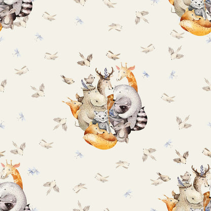 Beige Animal Wallpaper for Kids with Hippos, Giraffes, Birds, foxes and baby Deer 
