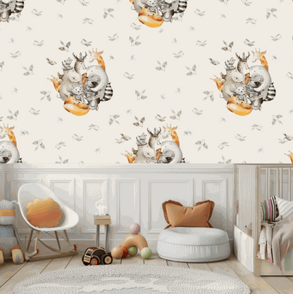 Bedroom ideas Beige Animal Wallpaper for Kids with Hippos, Giraffes, Birds, foxes and baby Deer 