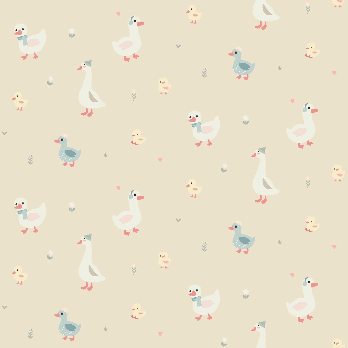  Nursery Wallpaper - Cute Geese Ducks and Baby Chicks with beige background