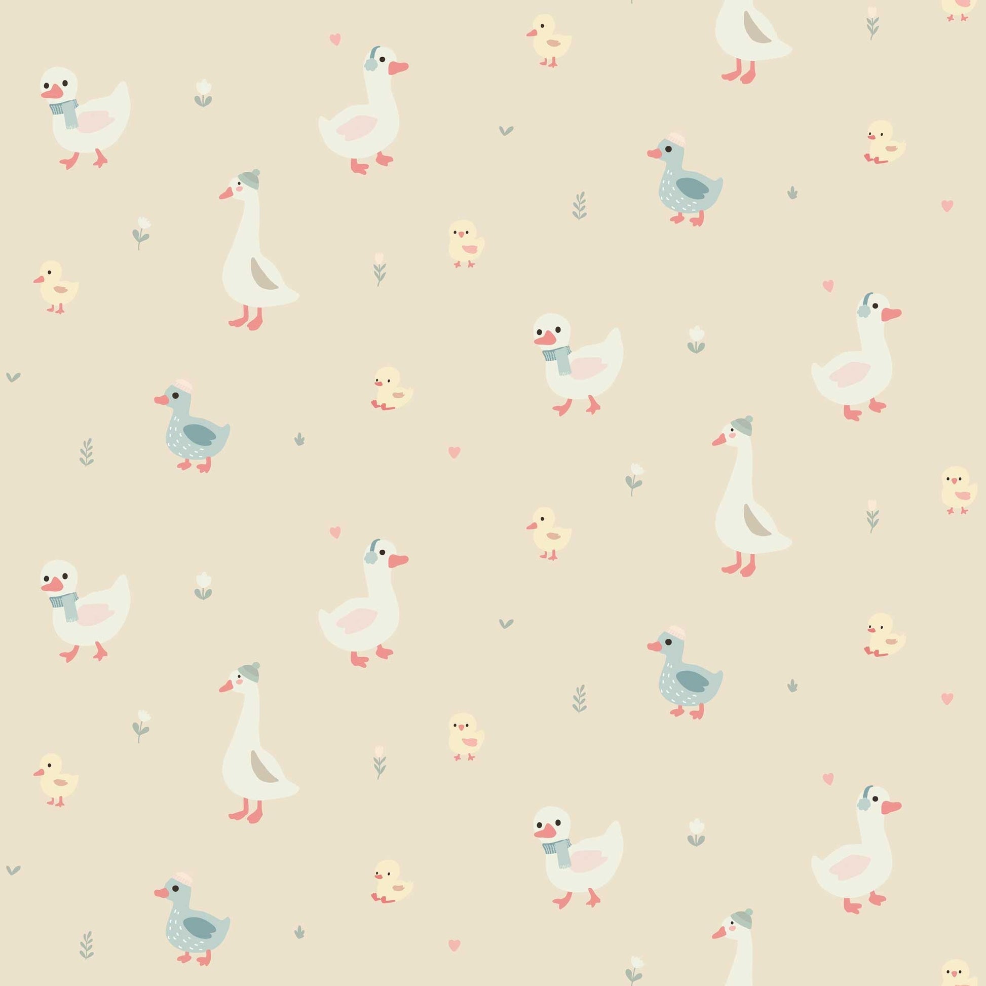  Nursery Wallpaper - Cute Geese Ducks and Baby Chicks with beige background