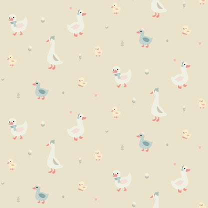  Nursery Wallpaper - Cute Geese Ducks and Baby Chicks with beige background