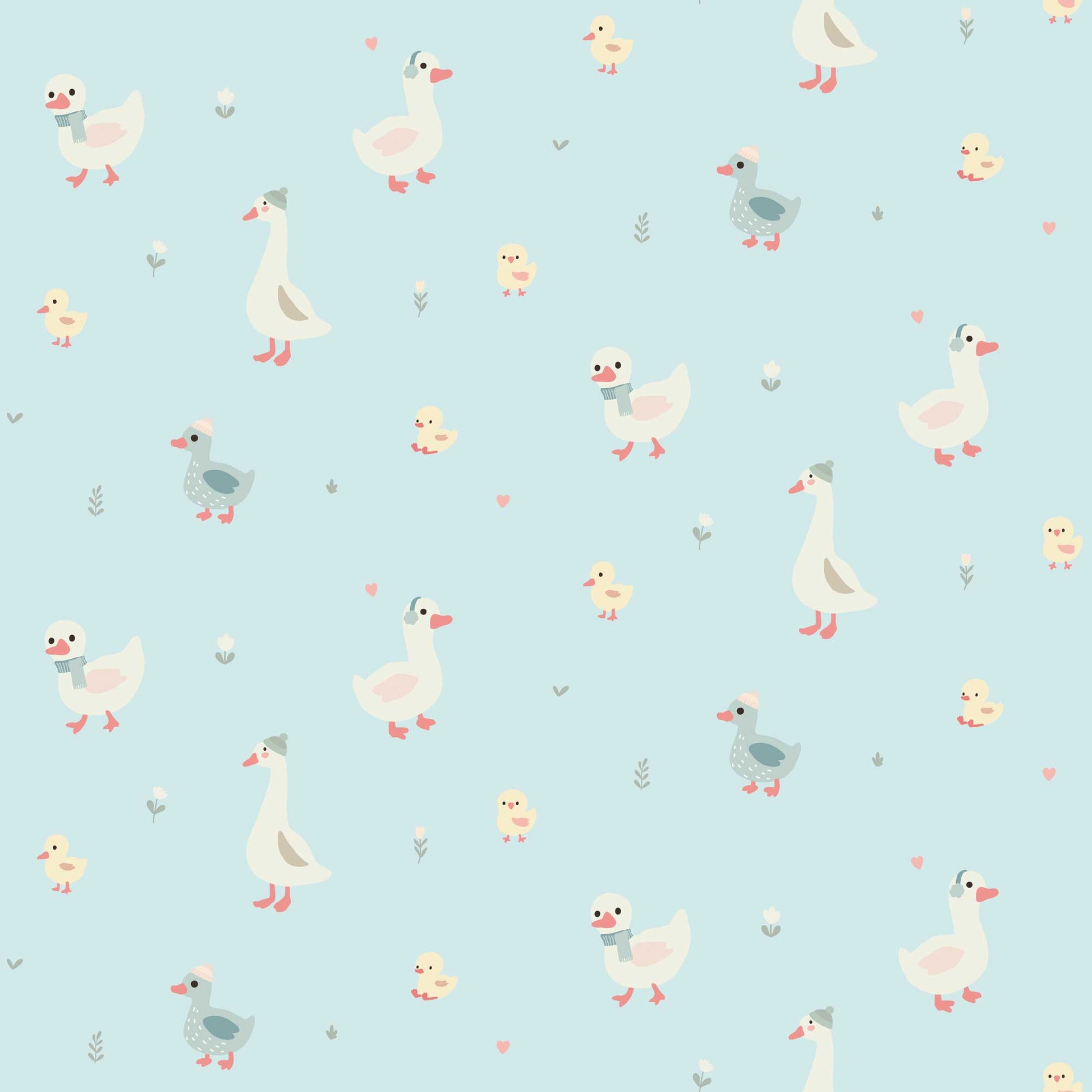  Nursery Wallpaper - Cute Geese Ducks and Baby Chicks with light blue background