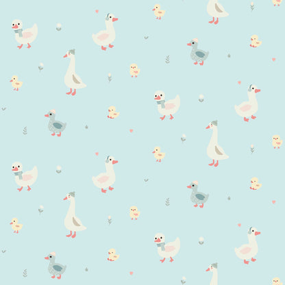  Nursery Wallpaper - Cute Geese Ducks and Baby Chicks with light blue background