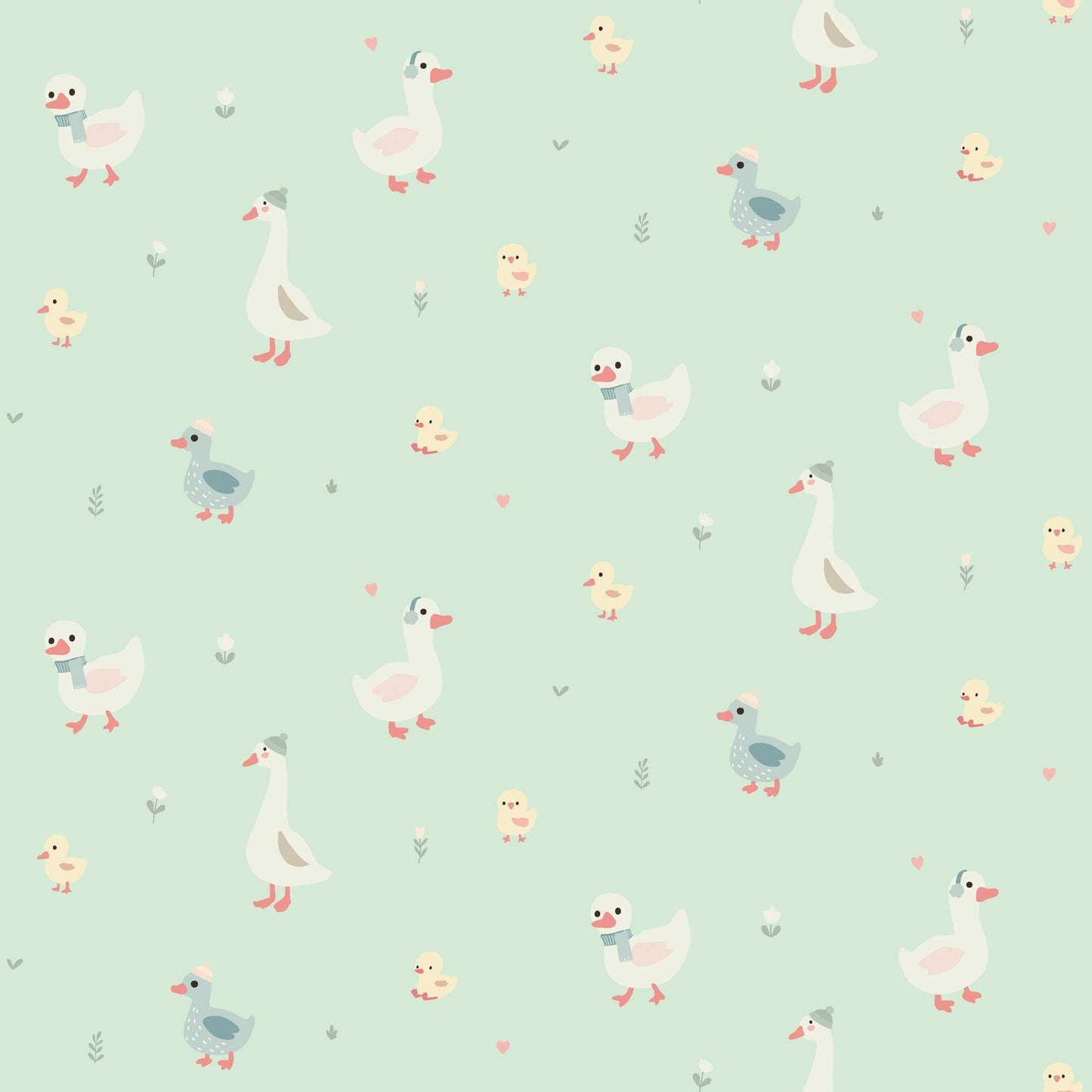  Nursery Wallpaper - Cute Geese Ducks and Baby Chicks with pale greenbackground