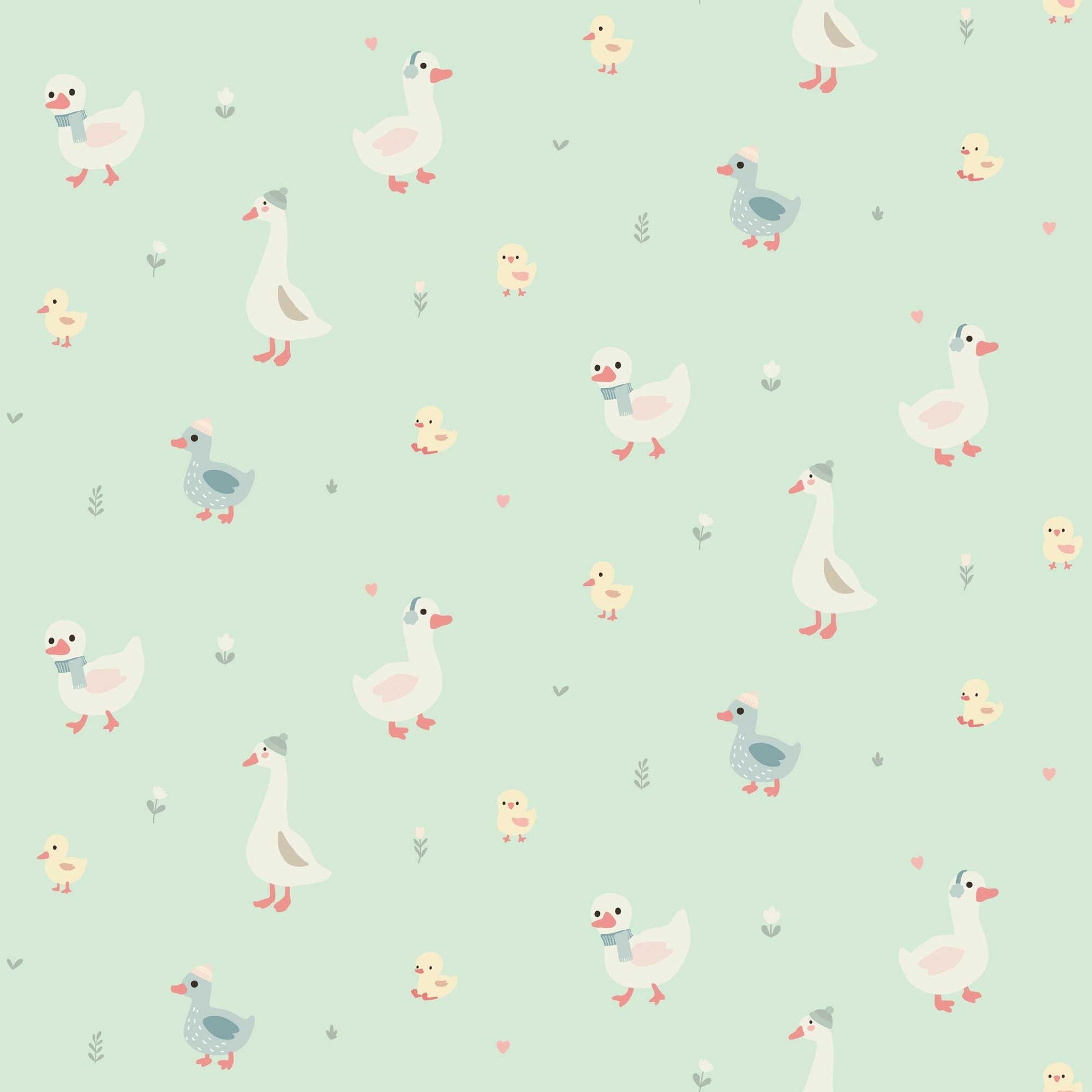 Nursery Wallpaper - Cute Geese Ducks and Baby Chicks with pale greenbackground