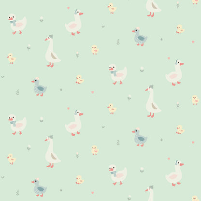  Nursery Wallpaper - Cute Geese Ducks and Baby Chicks with pale greenbackground