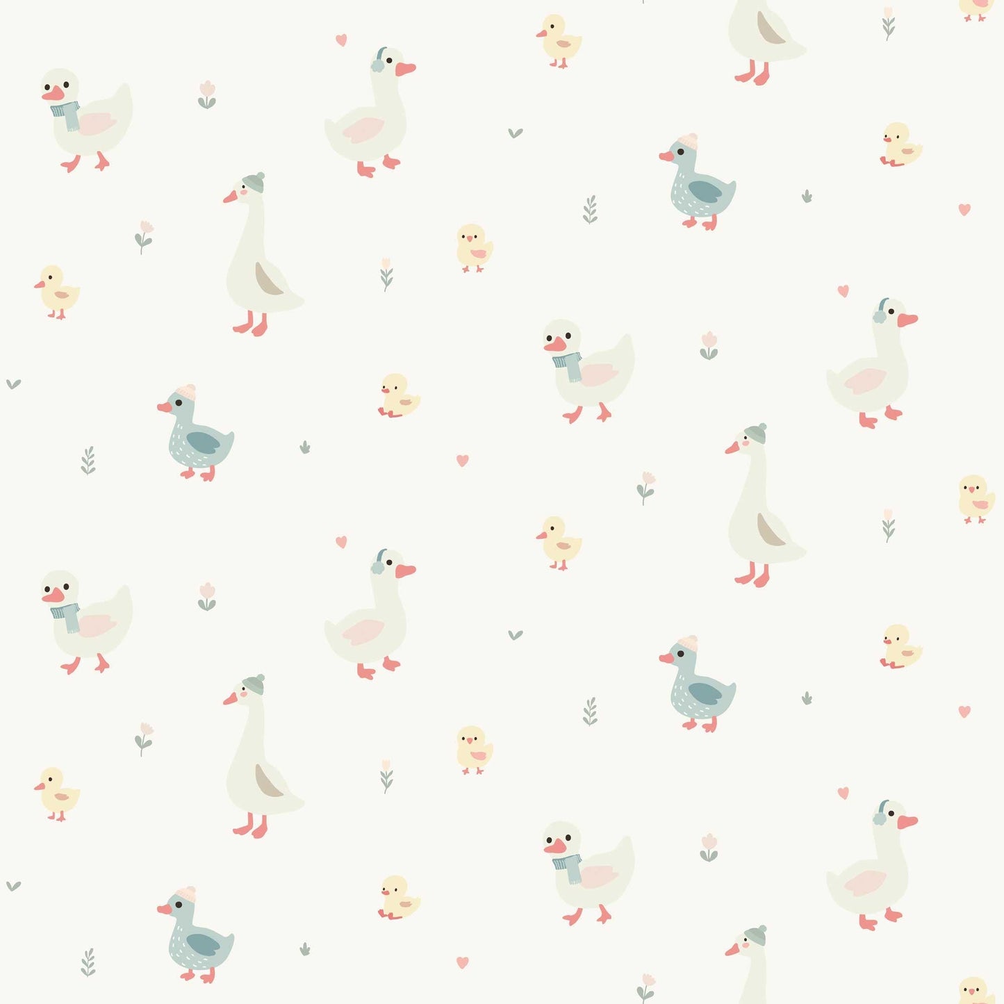  Nursery Wallpaper - Cute Geese Ducks and Baby Chicks with pale grey background