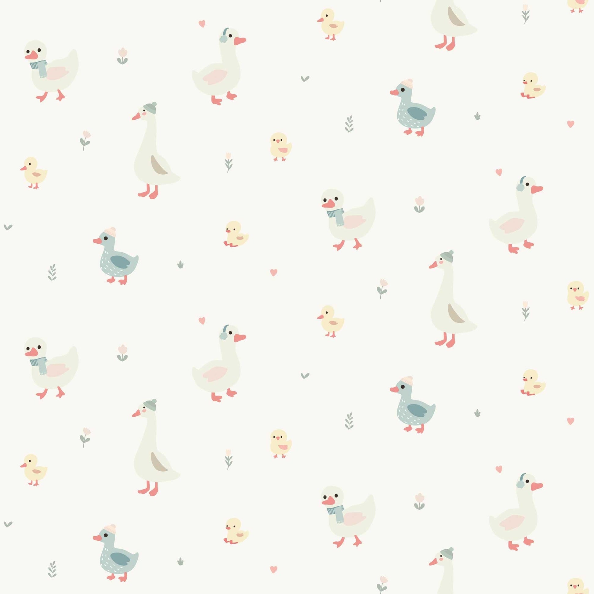  Nursery Wallpaper - Cute Geese Ducks and Baby Chicks with pale grey background
