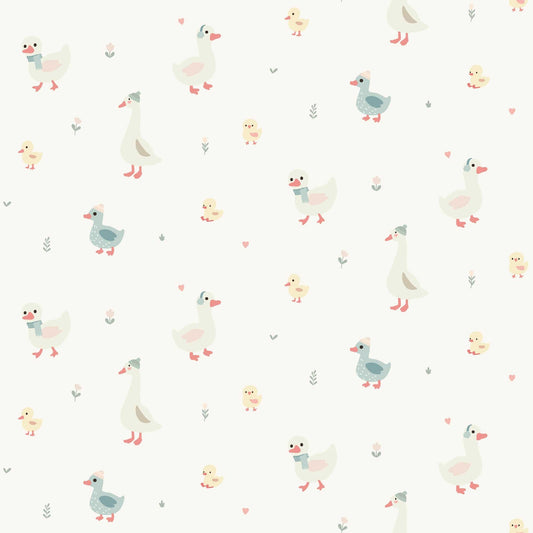  Nursery Wallpaper - Cute Geese Ducks and Baby Chicks with pale grey background