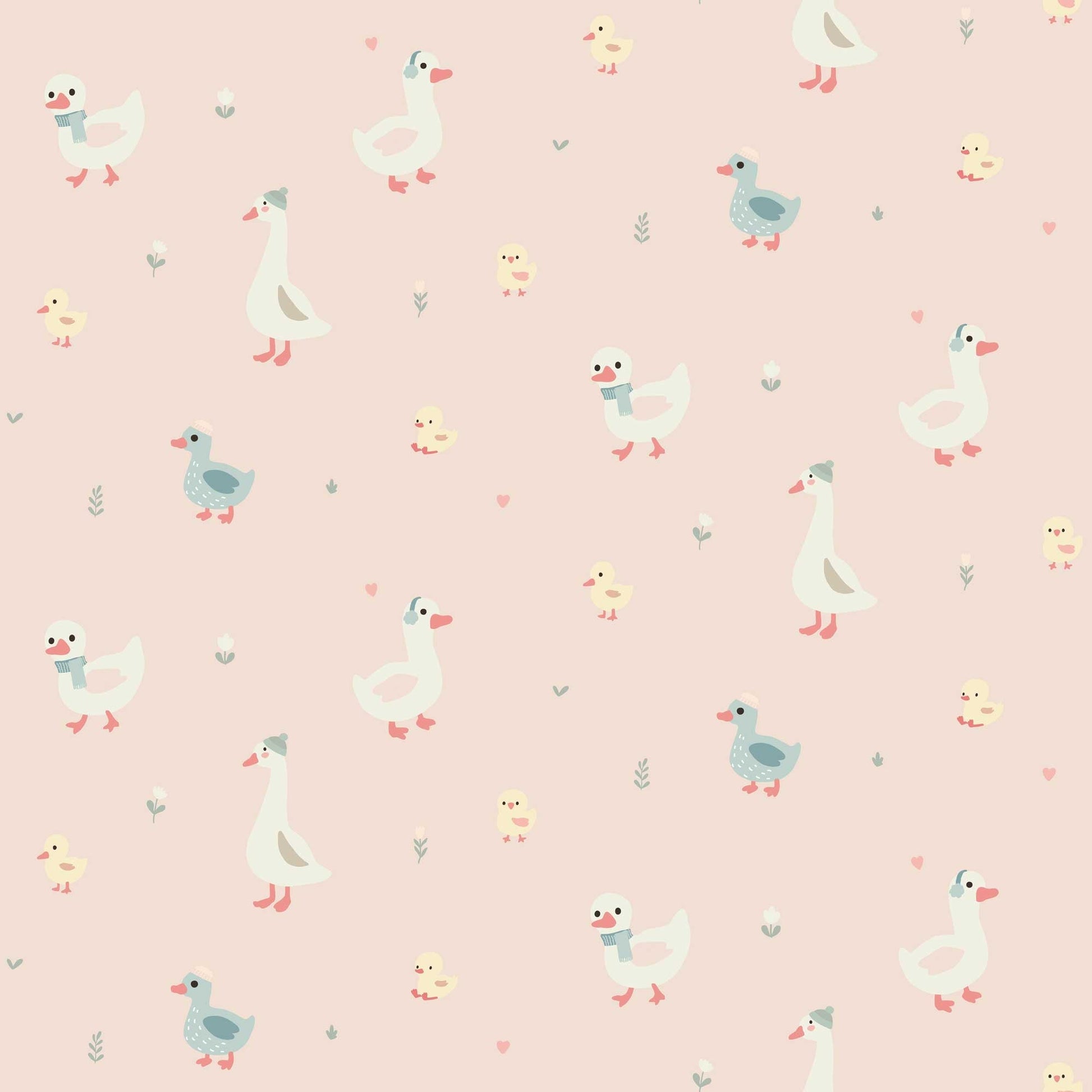  Nursery Wallpaper - Cute Geese Ducks and Baby Chicks with pastel pink background