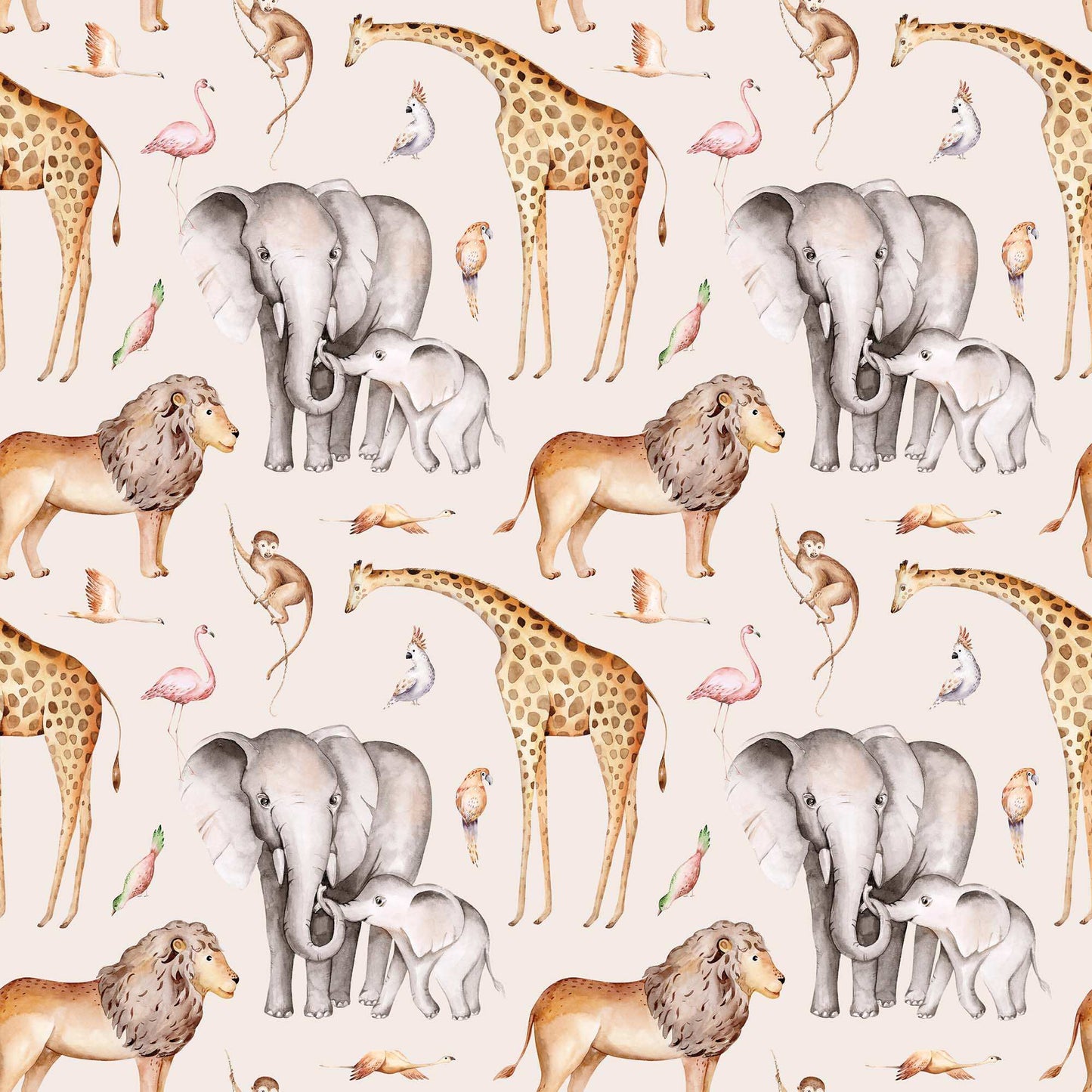 Pale pink Childrens Monkey Jungle Wallpaper featuring Lions Elephants Giraffes