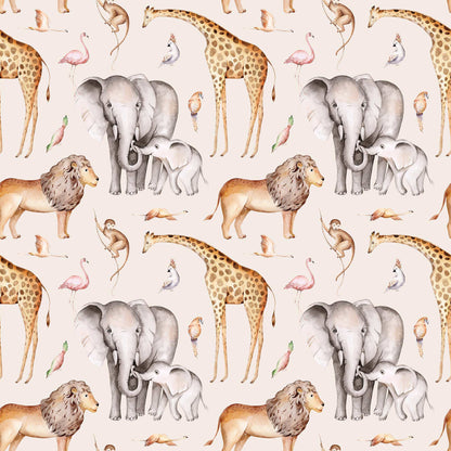 Pale pink Childrens Monkey Jungle Wallpaper featuring Lions Elephants Giraffes