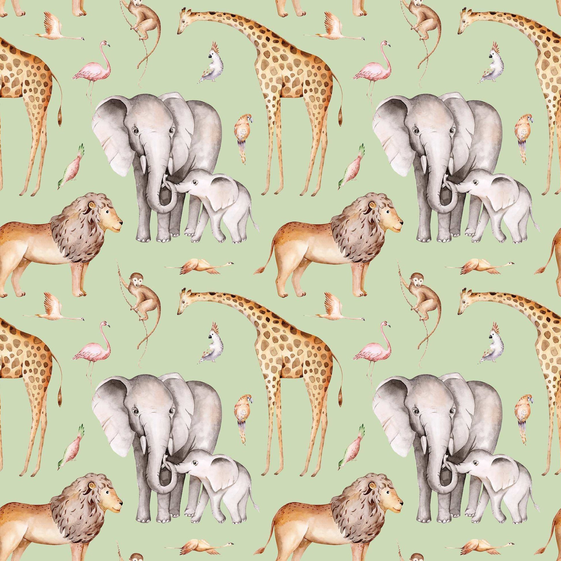 Green Childrens Monkey Jungle Wallpaper featuring Lions Elephants Giraffes