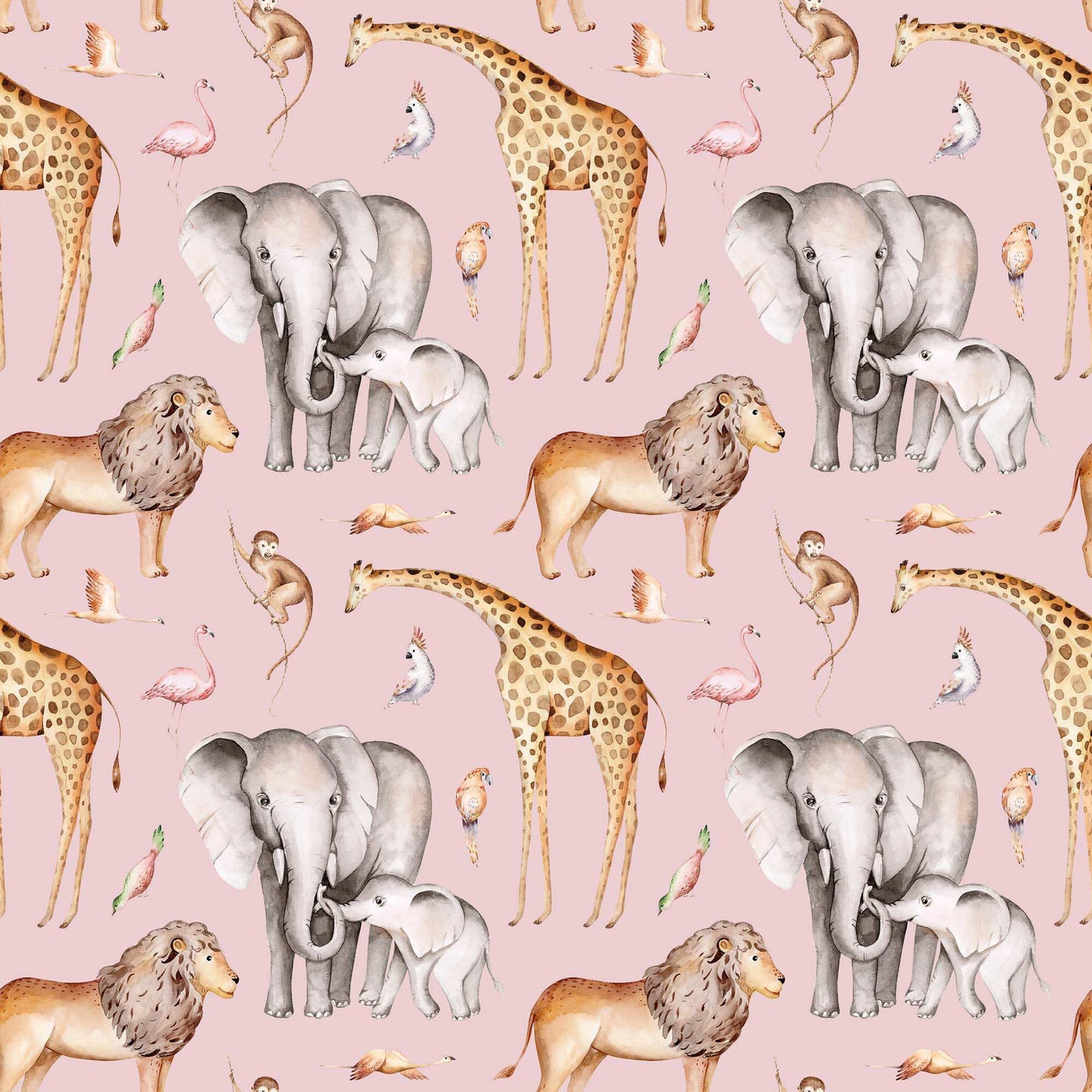 Pink Childrens Monkey Jungle Wallpaper featuring Lions Elephants Giraffes