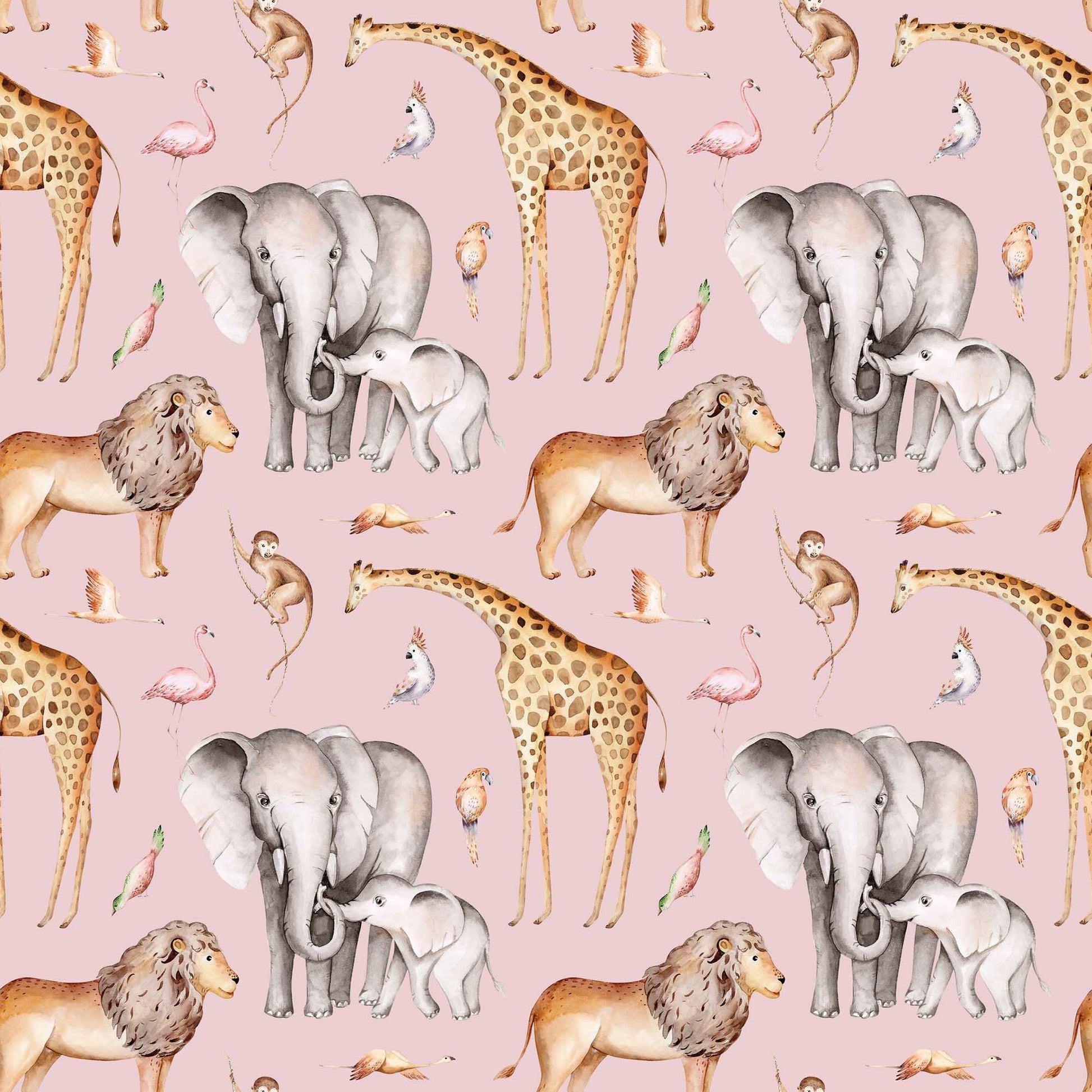 Pink Childrens Monkey Jungle Wallpaper featuring Lions Elephants Giraffes