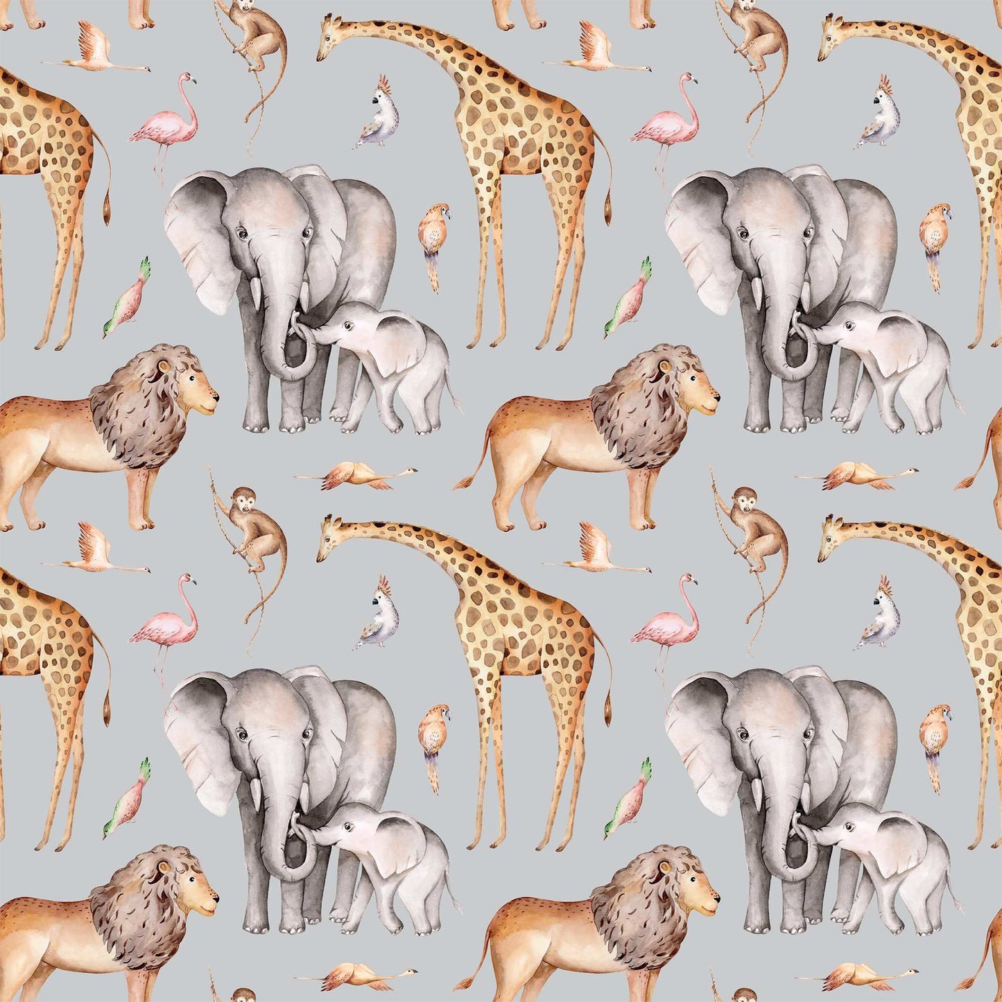 Grey Childrens Monkey Jungle Wallpaper featuring Lions Elephants Giraffes