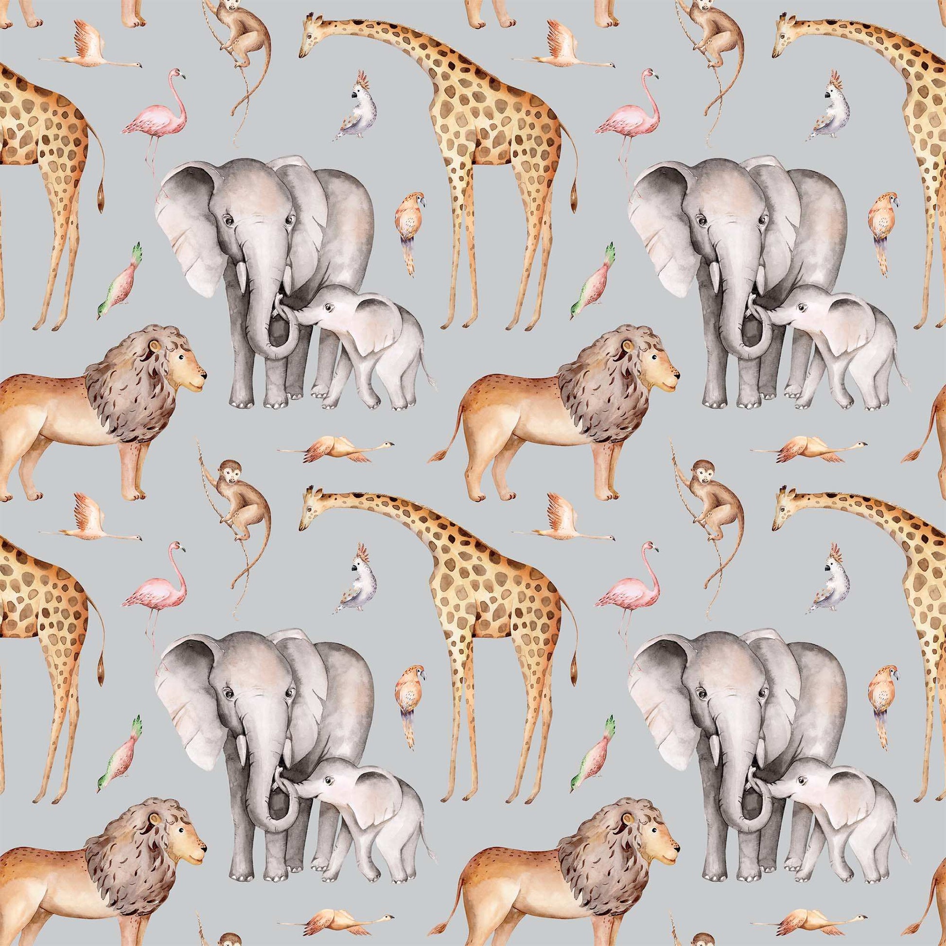 Grey Childrens Monkey Jungle Wallpaper featuring Lions Elephants Giraffes