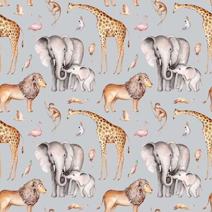 Grey Childrens Monkey Jungle Wallpaper featuring Lions Elephants Giraffes
