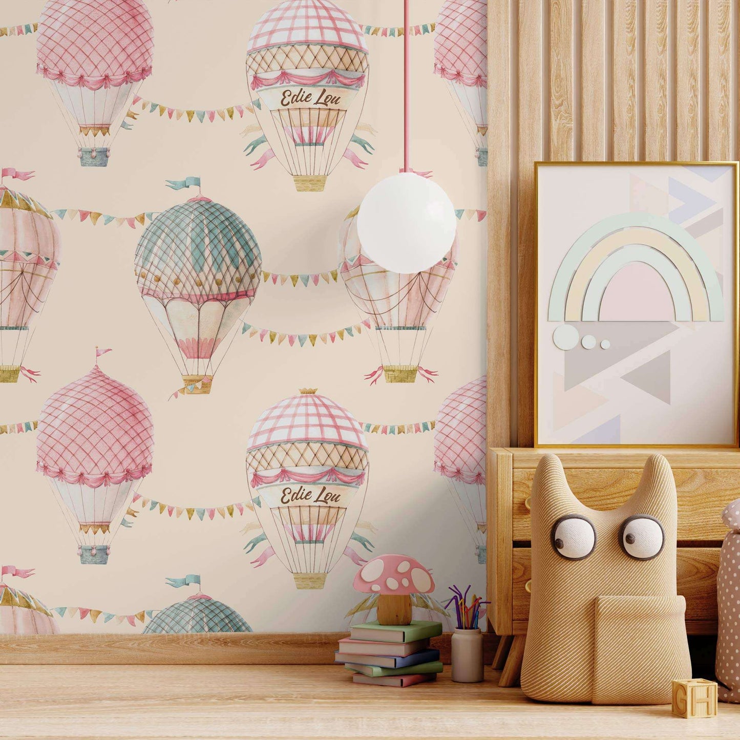 Babies Bedroom Wallpaper Beautiful Pastel coloured Hot Air Balloons. In cream ivory background  Playroom 
