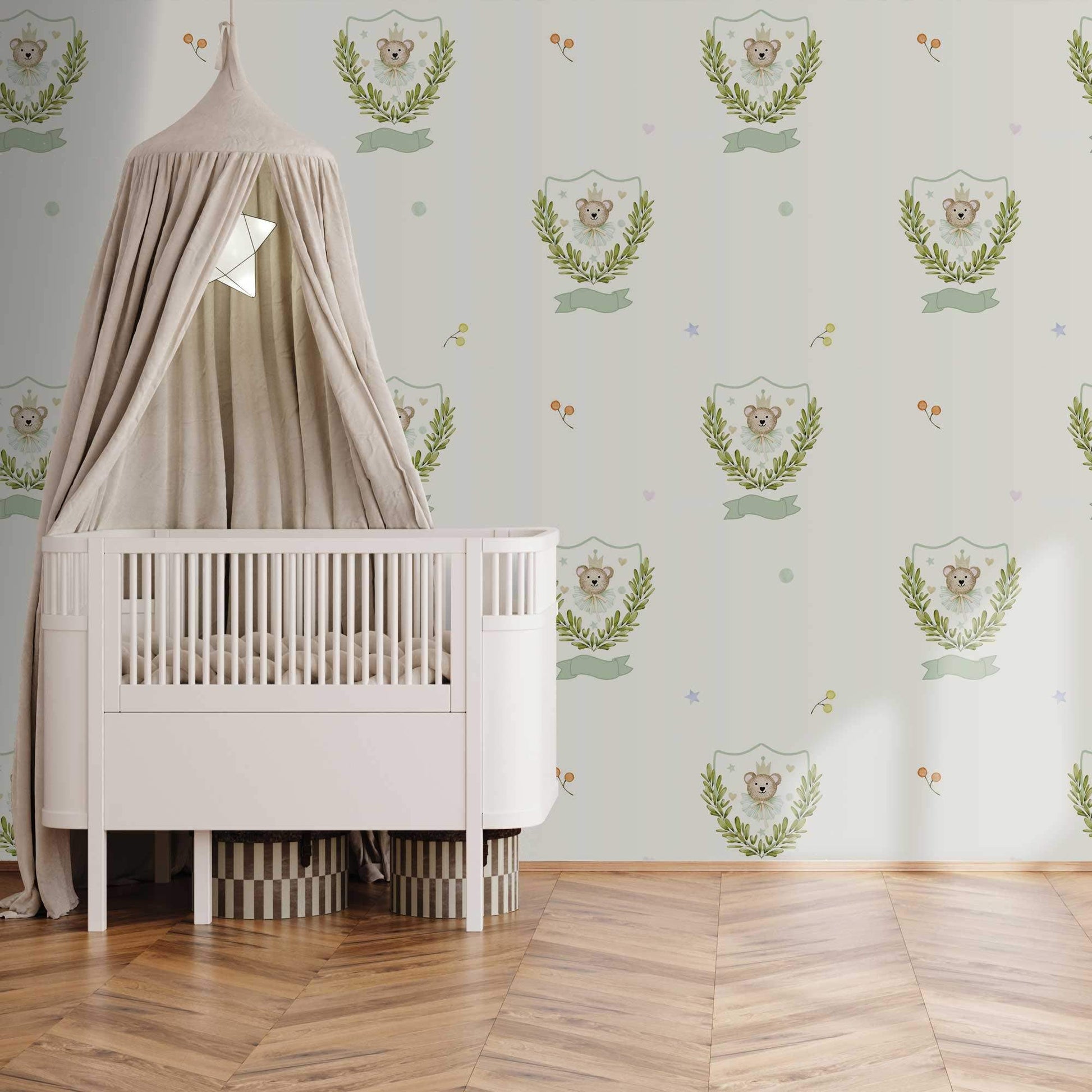 Bedroom idea Childrens Bedroom Wallpaper Personalised Heritage Bear with luscious leaves and topped with a whimsical Crown