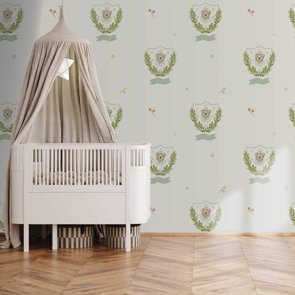 Bedroom idea Childrens Bedroom Wallpaper Personalised Heritage Bear with luscious leaves and topped with a whimsical Crown