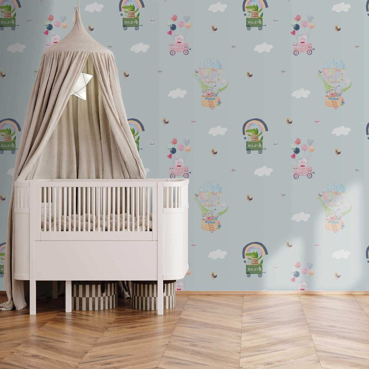 Bedroom Idea Nursery Wallpaper Rainbows, Cute Birds, Bunnies, Fluffy White Clouds.