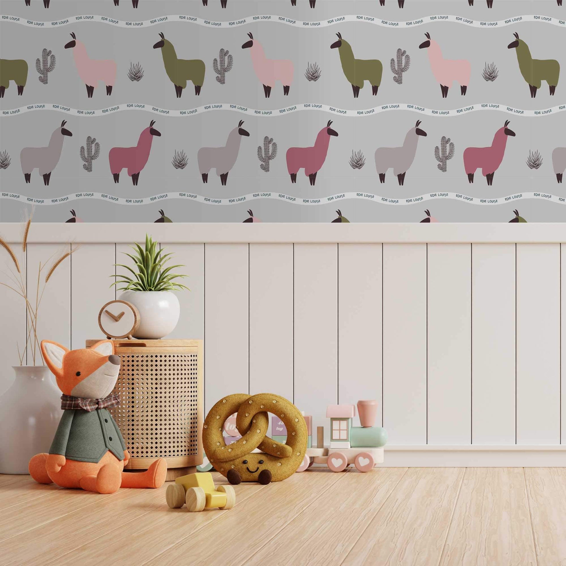 Idea for BedroomNursery Childrens Wallpaper Llama animal bedroom wallpaper in grey pink green colours 