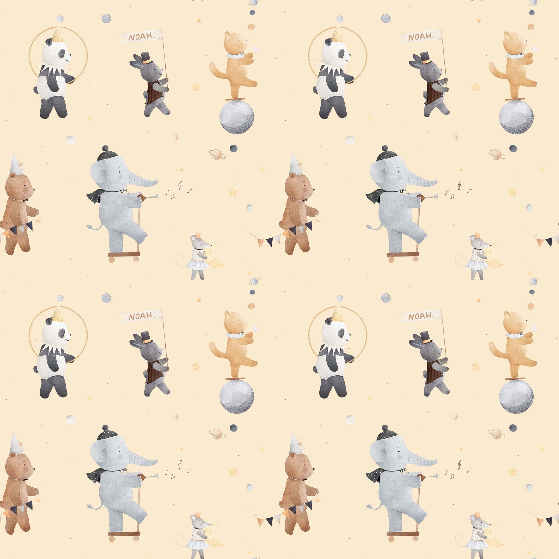 Pattern of bears elephants and pandas on a Calico background