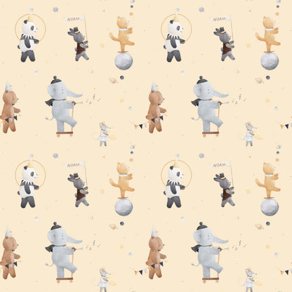Pattern of bears elephants and pandas on a Calico background