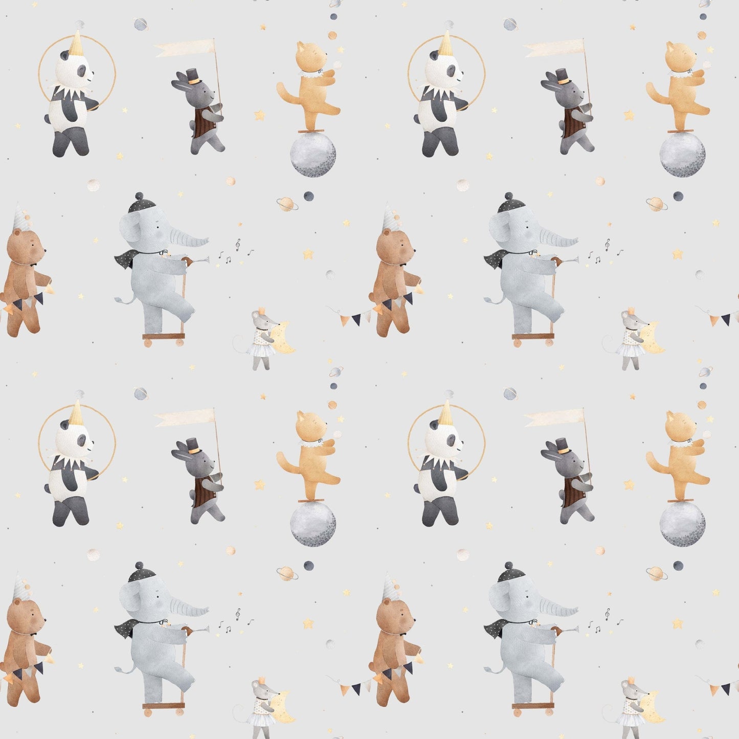 Pattern of bears elephants and pandas on a light grey background