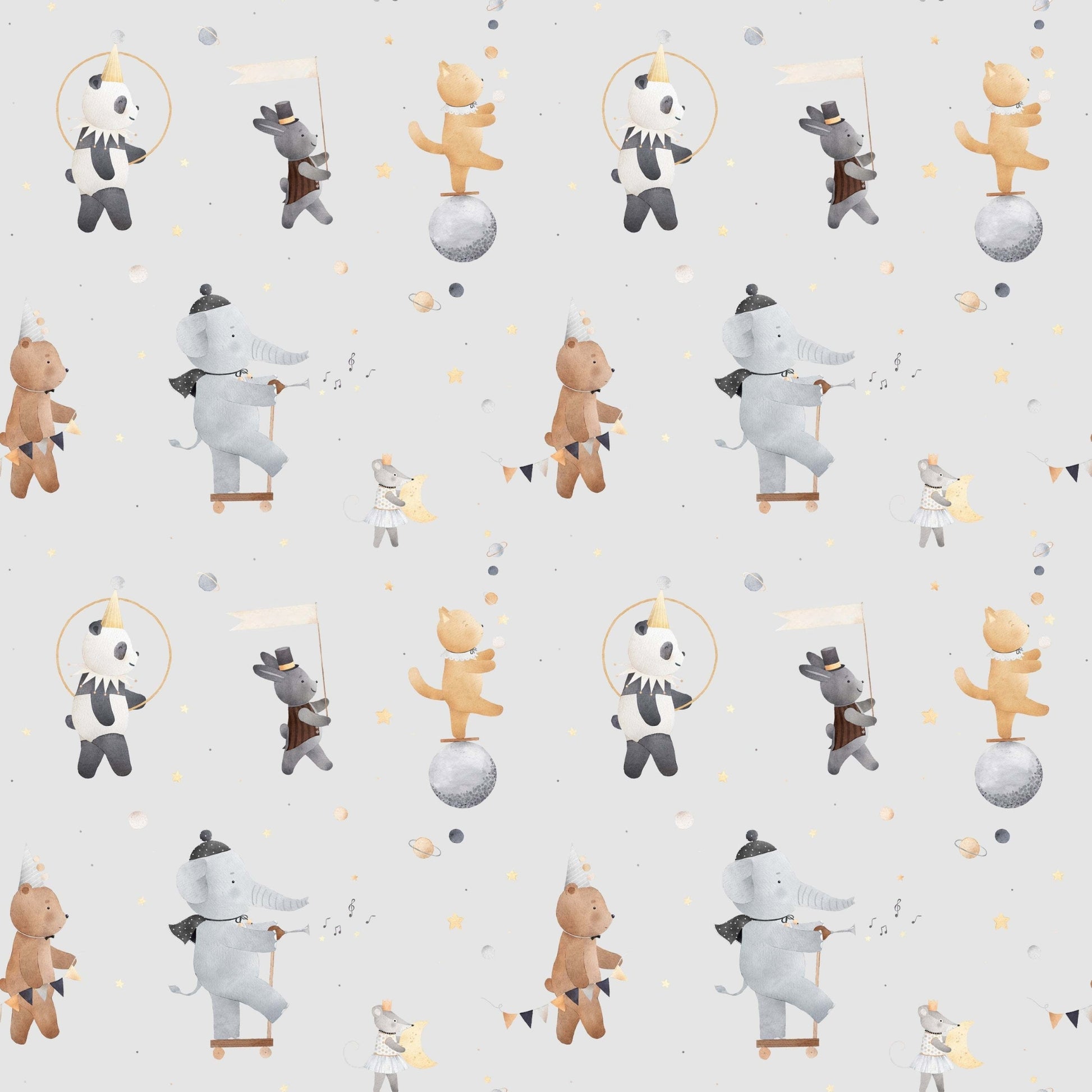 Pattern of bears elephants and pandas on a light grey background