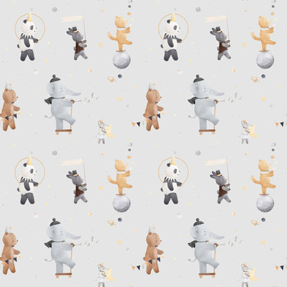 Pattern of bears elephants and pandas on a light grey background
