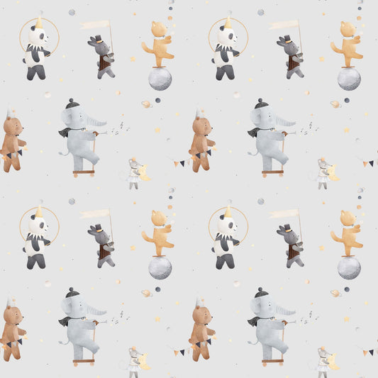 Pattern of bears elephants and pandas on a light grey background