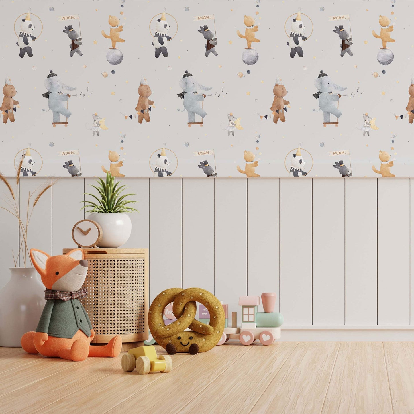 Midnight Circus. A Personalised Wallpaper Featuring Circus Bears, Elephants and Panda's