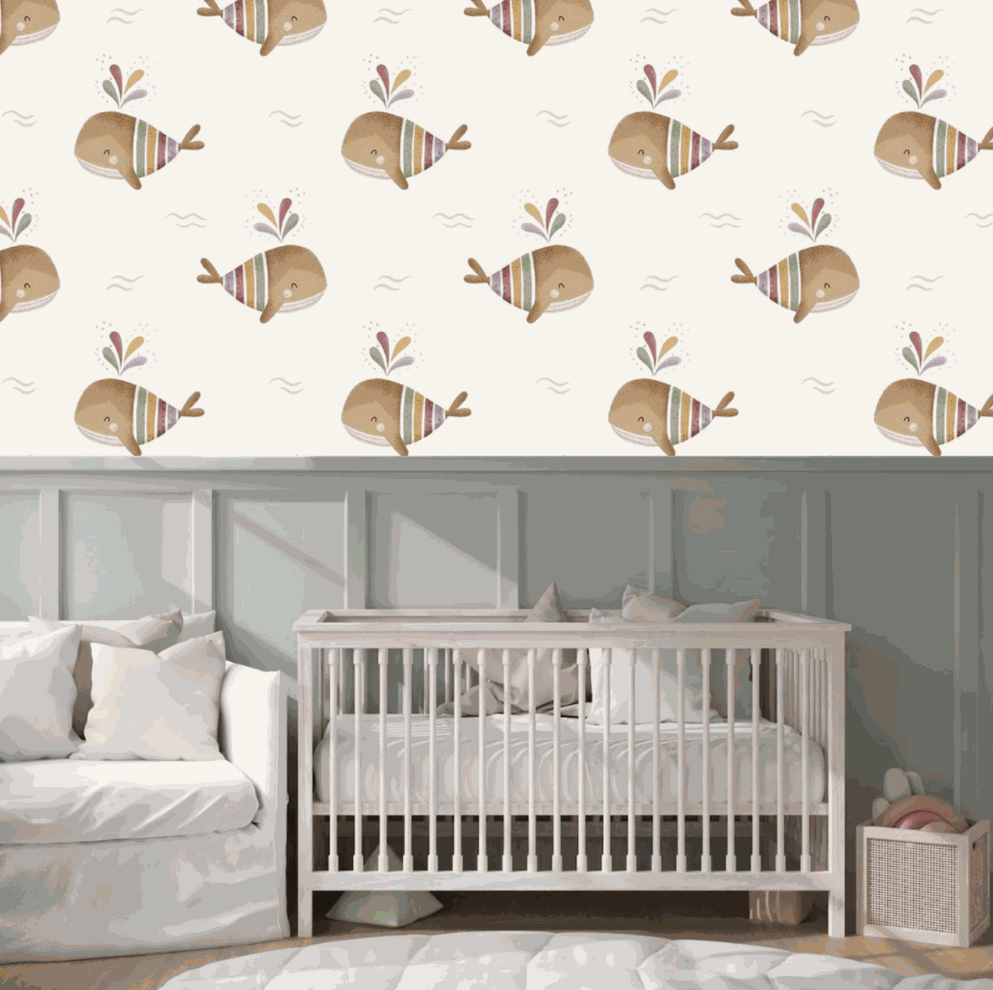 Room design Whale Wallpaper Colorful Cute Family Baby Whales, Swimming in the sea.
