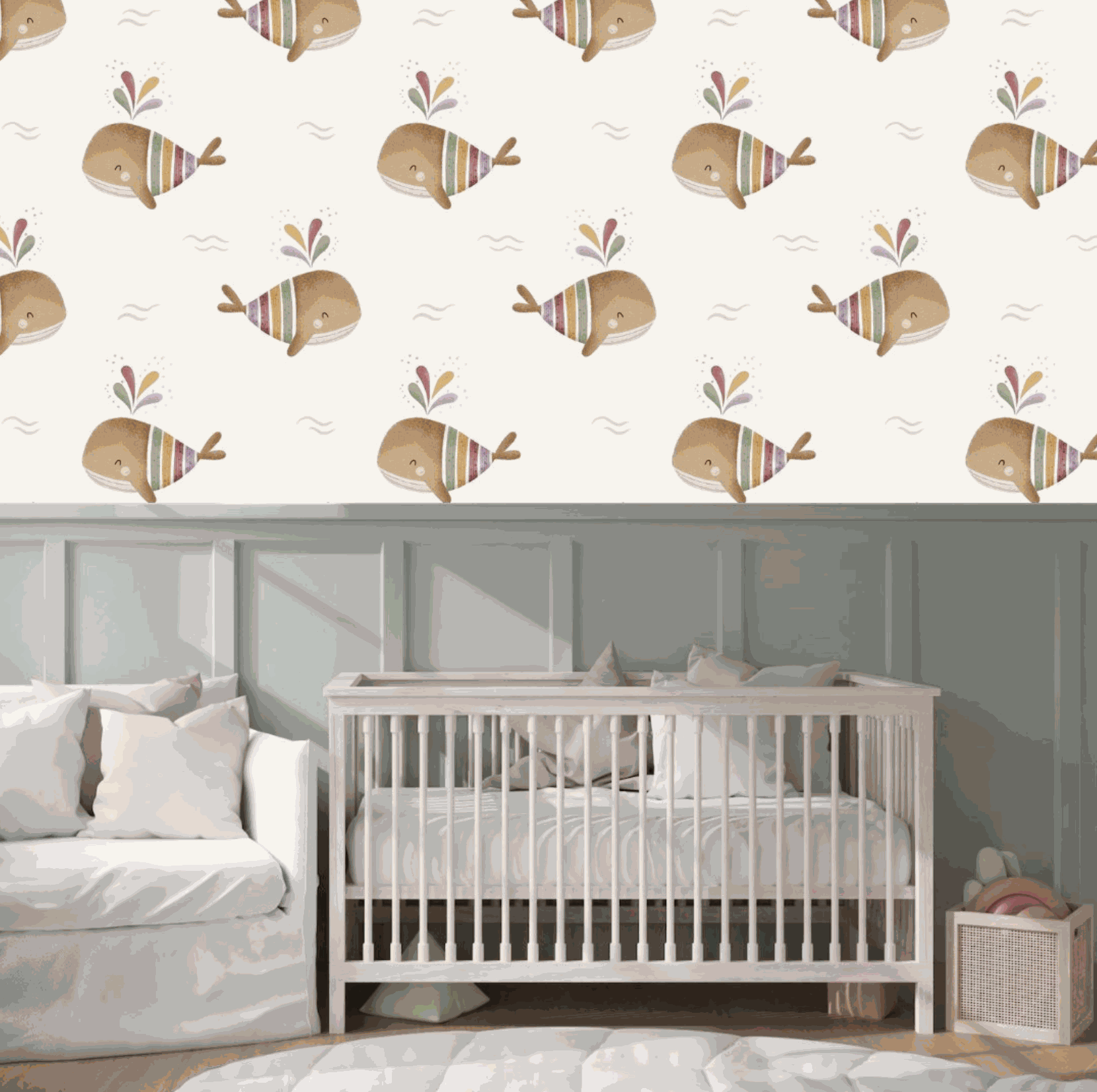 Room design Whale Wallpaper Colorful Cute Family Baby Whales, Swimming in the sea.