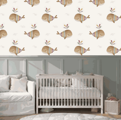 Room design Whale Wallpaper Colorful Cute Family Baby Whales, Swimming in the sea.