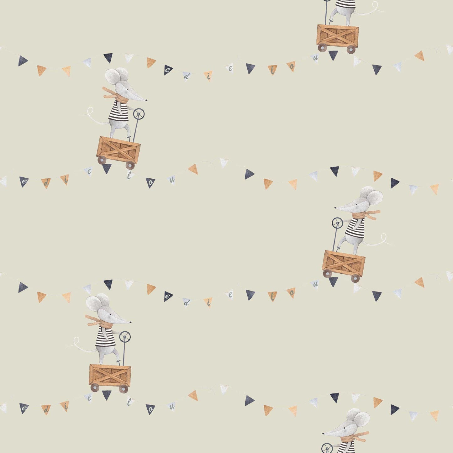 Beige colour Baby's Nursery Wallpaper Cute Mice in trucks with Flags can be personalised comes in  bespoke colours cute nursery vibe. Great for Nurseries, Kids bedrooms playrooms
