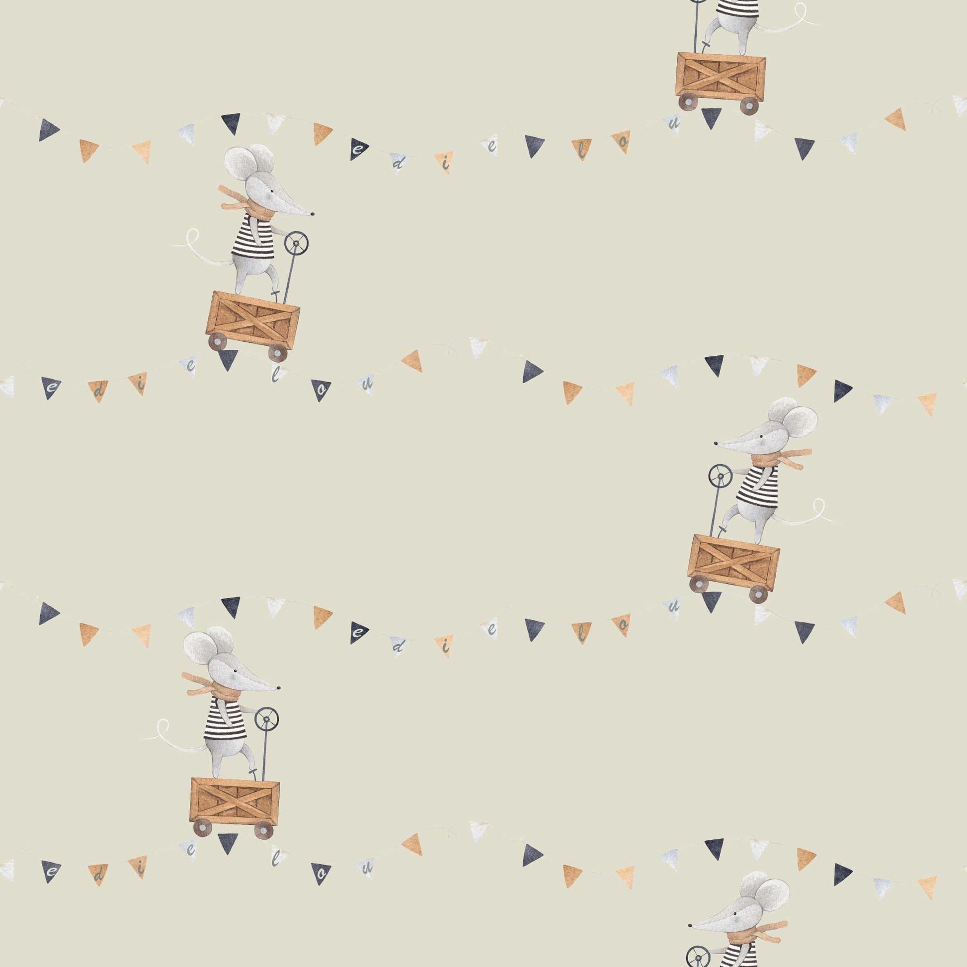 Beige colour Baby's Nursery Wallpaper Cute Mice in trucks with Flags can be personalised comes in  bespoke colours cute nursery vibe. Great for Nurseries, Kids bedrooms playrooms