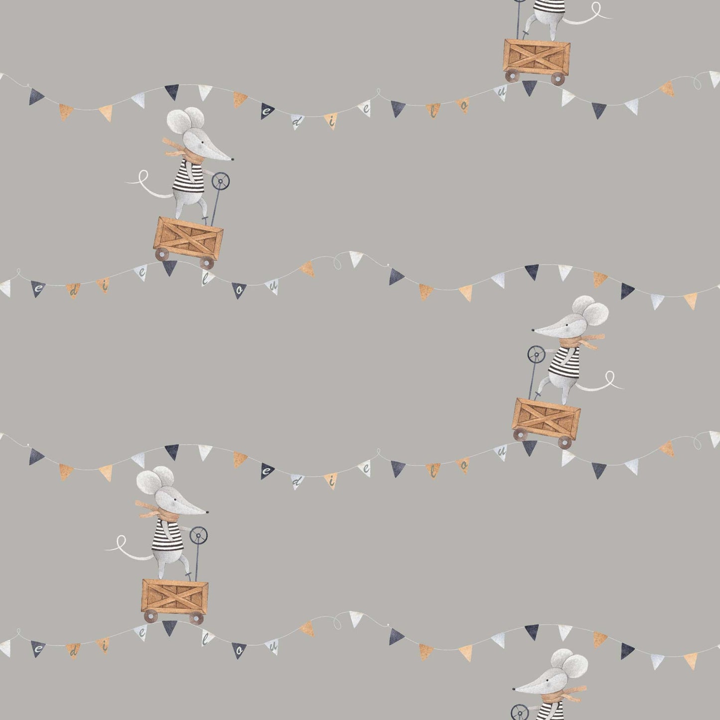 Pale Grey Baby's Nursery Wallpaper Cute Mice in trucks with Flags can be personalised comes in  bespoke colours cute nursery vibe. Great for Nurseries, Kids bedrooms playrooms