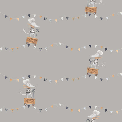 Pale Grey Baby's Nursery Wallpaper Cute Mice in trucks with Flags can be personalised comes in  bespoke colours cute nursery vibe. Great for Nurseries, Kids bedrooms playrooms