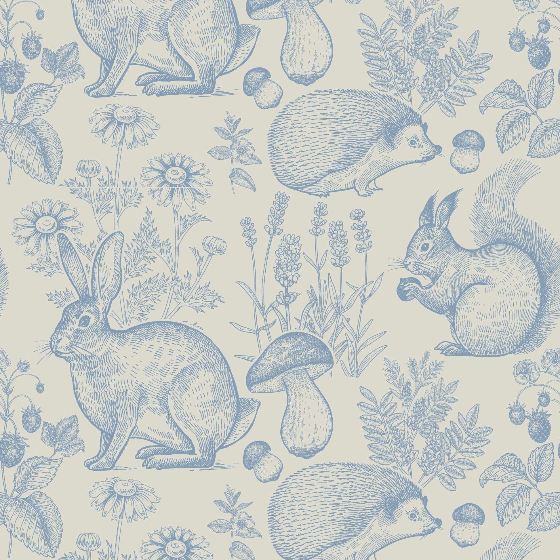 Blue Bedroom Wallpaper for Children toddlers featuring rabbits, hedgehogs and  toadstools