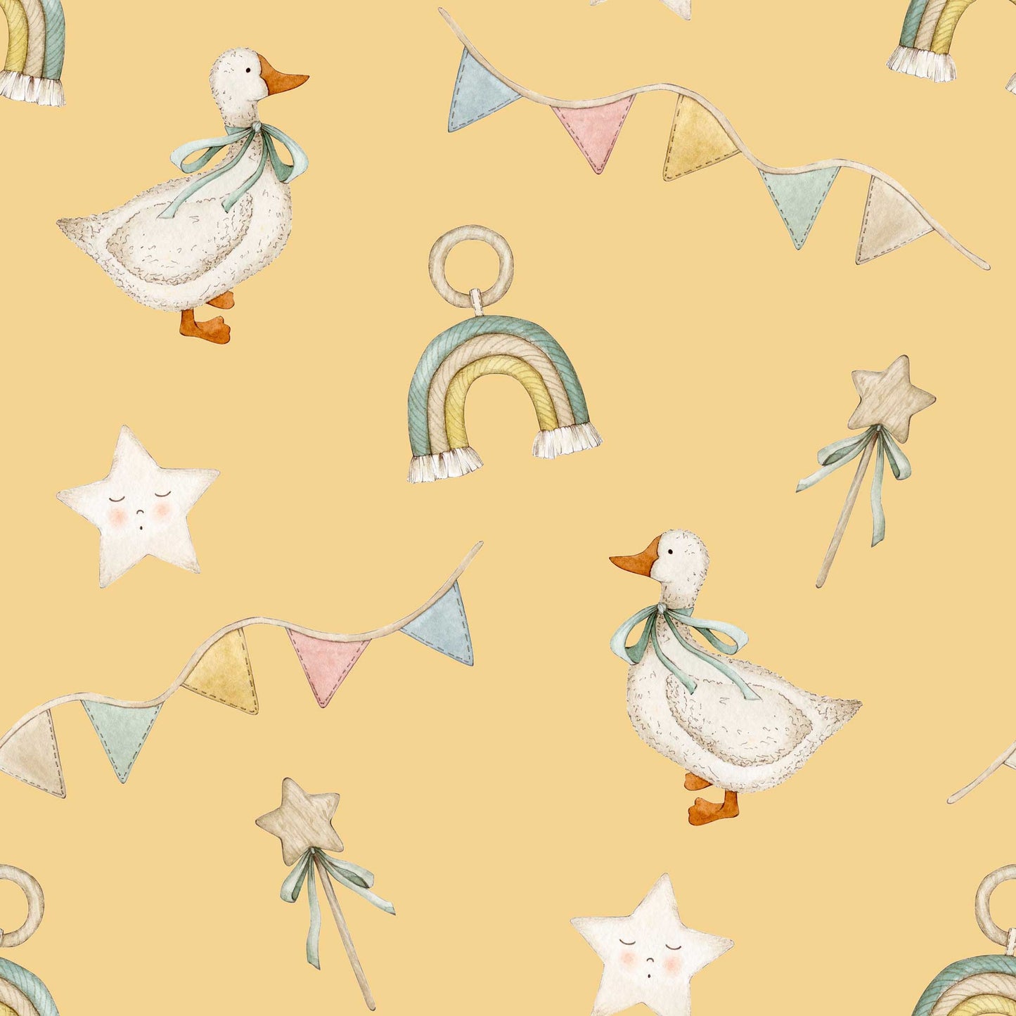 Bespoke Nursery Wallpaper - Ducks Stars Ribbons & Rainbows