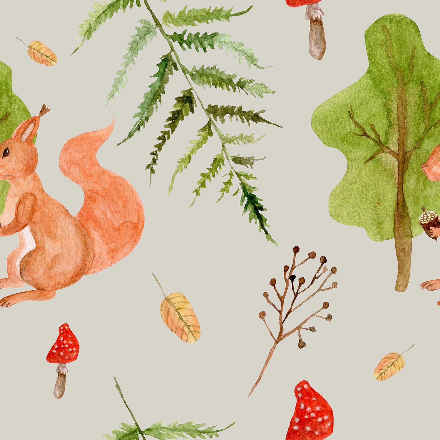 Pale Grey Nursery Bedroom Wallpaper Red Squirrel cute Mushrooms Forest Leaves.