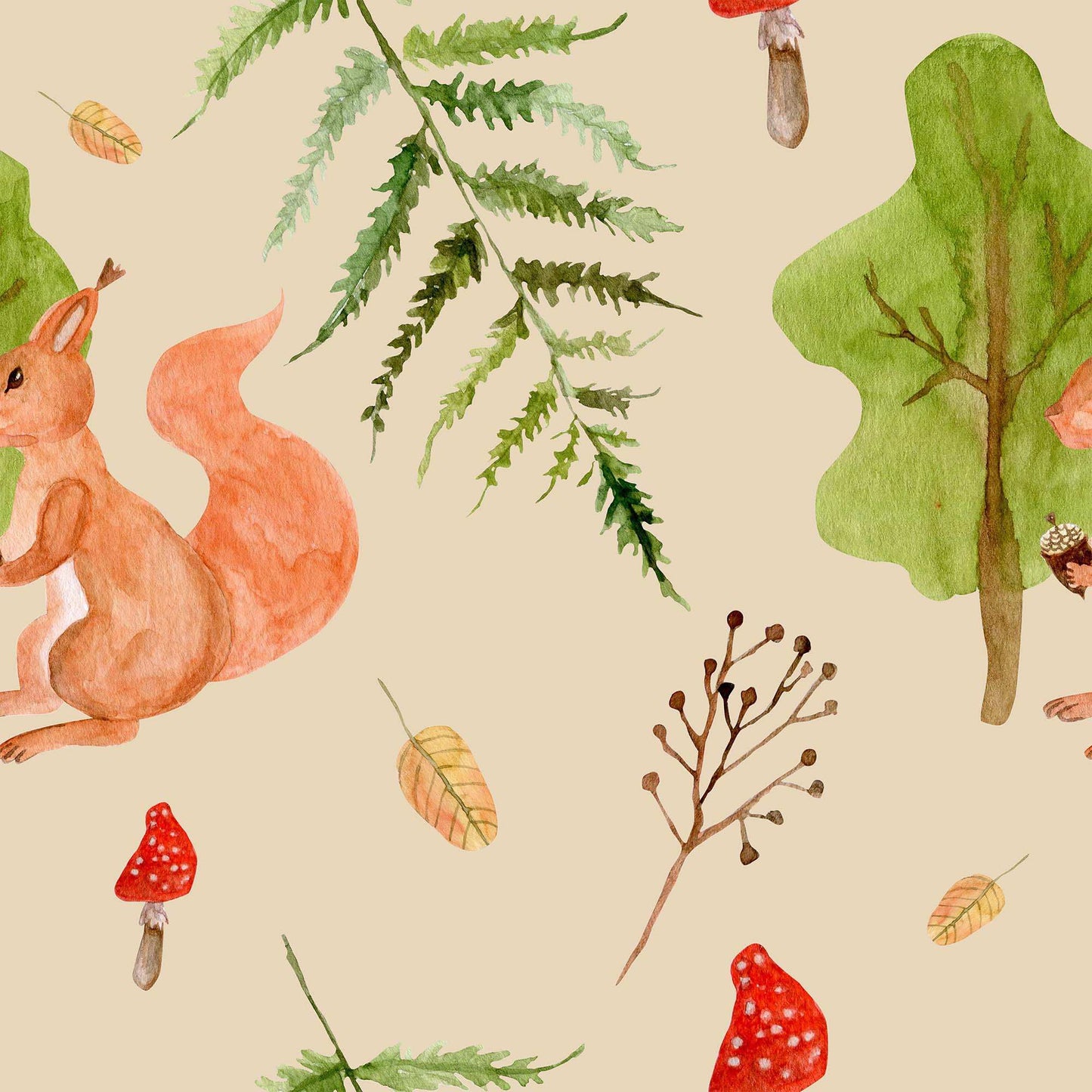 ApricotNursery Bedroom Wallpaper Red Squirrel cute Mushrooms Forest Leaves.
