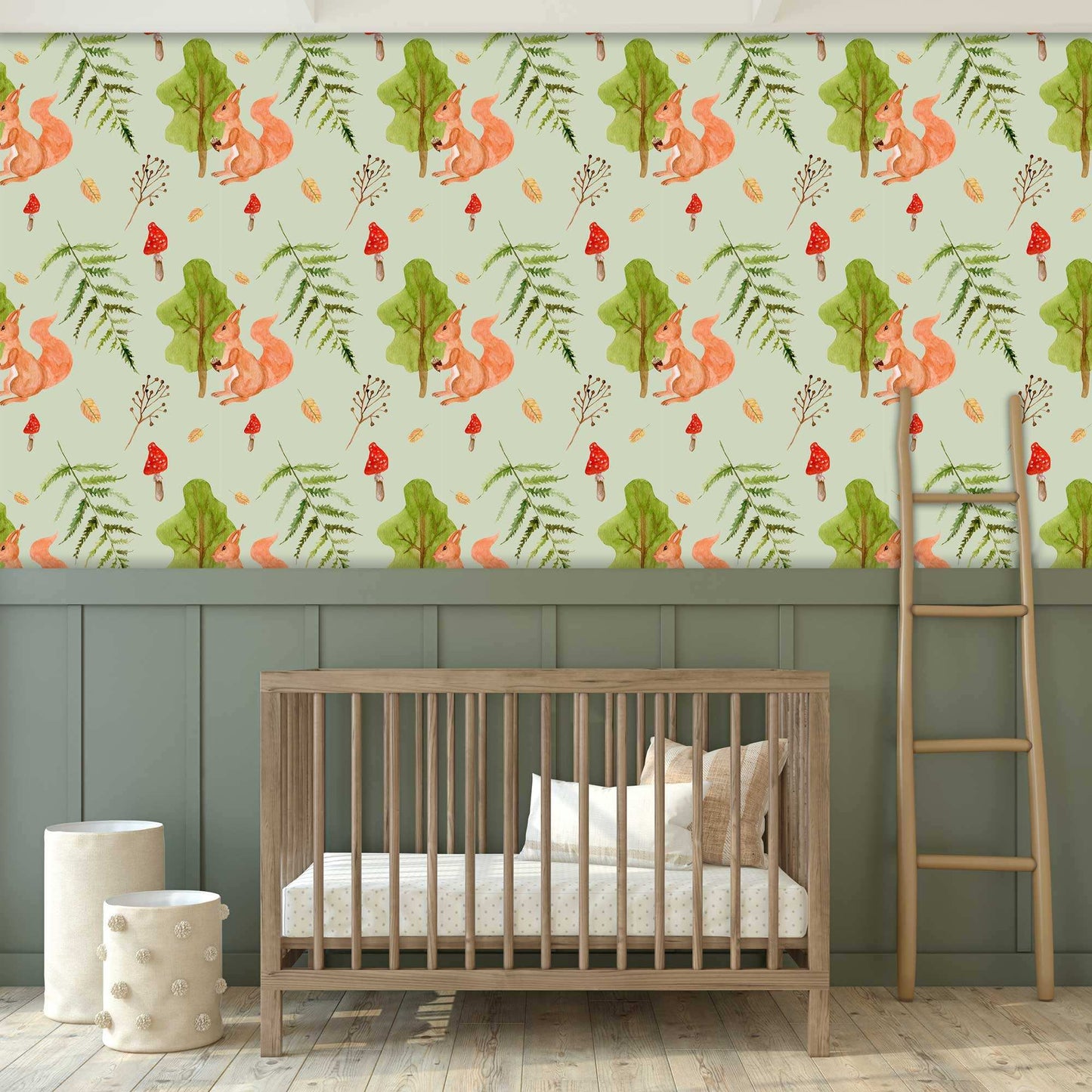 Ideas for Nursery Wallpaper with Red Squirrels, Forest Leaves and Cute Mushrooms in nursery bedroom 